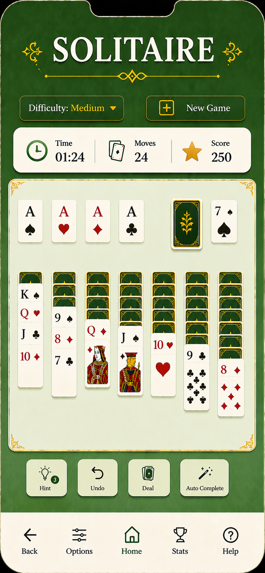 Game screen showing Solitaire game in dark green theme