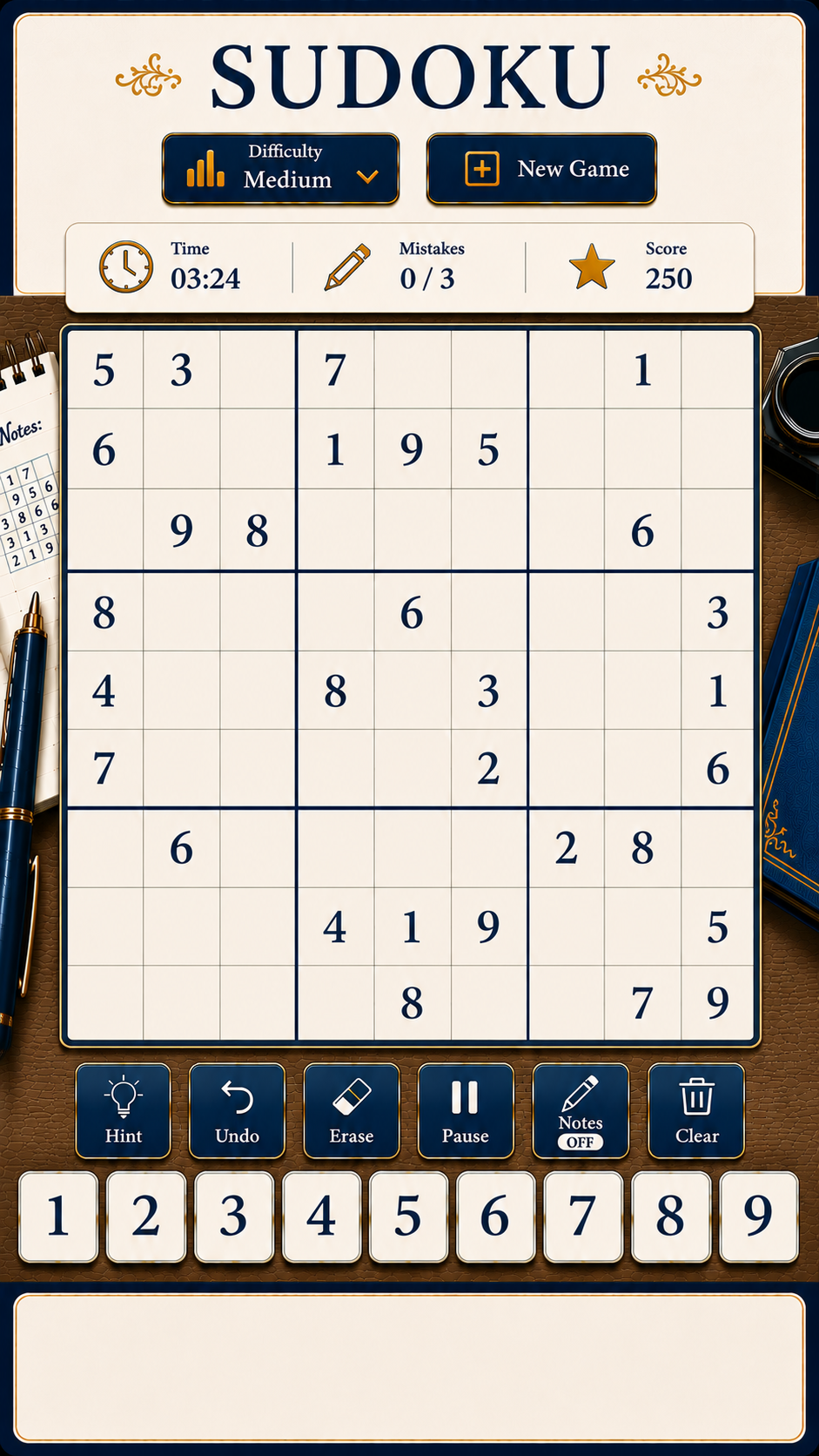 Game screen showing Sudoku game