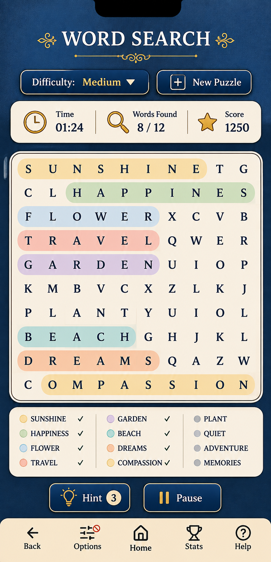 Game screen showing Word Search game in blue theme
