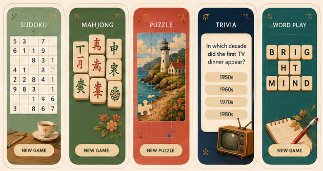 Game tiles showing Sudoku, Mahjong, Puzzle, Trivia, and Word Play